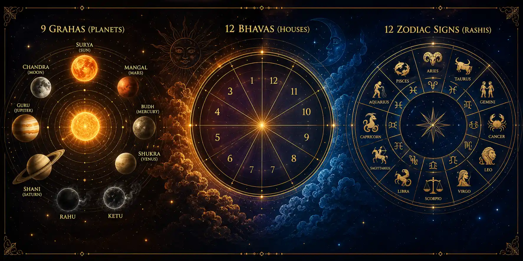 12 Rashis (zodiac signs), 9 Grahas (planets), and 12 Bhavas (houses)